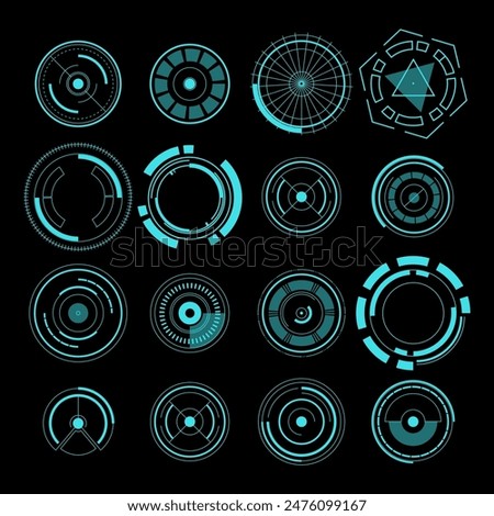 Neon radar. Virtual interface. Digital game viewfinder. GPS technology. Circle target. Sci-Fi UI. HUD screen aim. Snipers tech crosshair. Futuristic graphic bar. AI button cyber vector elements set