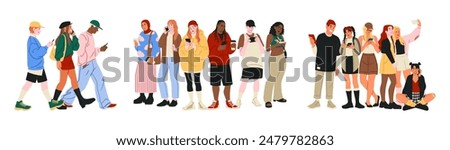 People with phones. Modern persons call. Mobile chatting. Young friends community. Happy men and women use smartphones. Casual students walk. Gadgets user. Camera selfie. Characters groups vector set