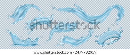 Water splash. Isolate wave, liquid drop, ocean or sea drops, cold drink, realistic isolated elements, transparent blue droplet with swirls, simple flow, ripple fresh drip fluid. Vector 3d illustration