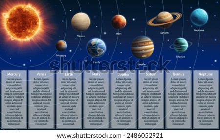 Solar system infographic. Realistic sun and planets. Universe galaxy. Copy space for text. Mars, Venus and Uranus. Mercury and Jupiter. Space exploration. Vector isolated astronomy educational poster