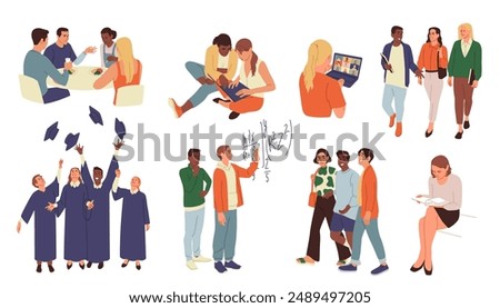 Students life. University education. College classmates. Young people group with graduate hats. Study campus. Teacher at blackboard. Online training laptop. School classroom. Vector class friends set