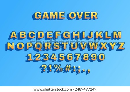 Pixel font. Video game. Retro alphabet and numbers. Gamer text. Arcade gaming. Latin letter. Design 80s style type. Computer typography bit. 90s interface. Vector garish play lettering symbols set