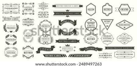 Element design. Logo retro collection, elegant text, decoration ornament graphic. Label, geometric frame, ribbon flourish, swirl luxury, crown antique. Elegant filigree form. Vector garish calligraphy