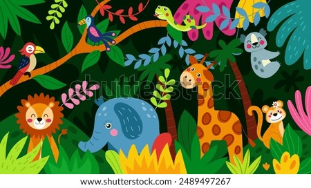 Jungle childish background. Zoo collage, children safari. Wallpaper drawing vibrant colors. Giraffe, elephant and toucan bird. Lion, monkey and koala. Pattern nature banner. Vector tidy illustration