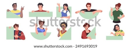 Happy persons show gestures. People with geometric shapes. Curious girl peeping from circle. Looking guy. Down finger advice. Man pointing out. Woman waving hand. Vector tidy gesturing characters set