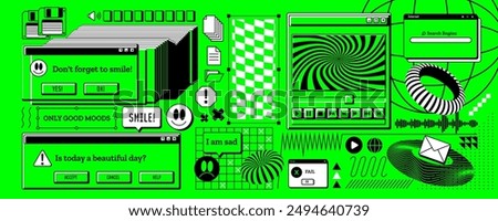 Y2k retro window. Computer interface sticker. Browser message. Error frame. Graphic old game. Interface web design. 90s folder. Vintage PC screen. 2000s rave elements set. Vector aesthetic background