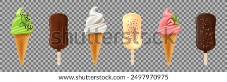 Ice cream realistic. Popsicle pistachio, strawberry and vanilla. Eskimo with chocolate. Cafe food, cold milk dessert with nuts, flavor dairy. Waffle cones and sticks, vector isolated icons restaurant