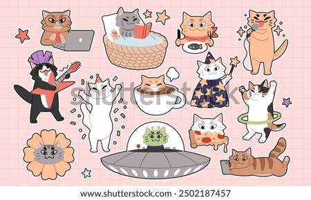 Funny cat sticker. Cute pet. Kitty sleeping. Cartoon character eating or working at laptop. Play in smartphone. Psychedelic UFO. Fluffy kitten alien party. Kawaii animal life. Vector feline icons set