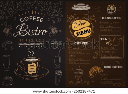 Coffee menu. Cafe blackboard poster. Hot drink cup and pastry. Bar logo. Arabica beans shop. Restaurant food vintage sketch. Fresh cappuccino or latte icons. Morning beverage. Vector background design