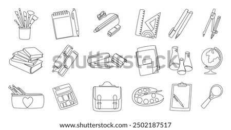 Line stationery. School education. Books stack and pencil bag. Chemistry lab beaker. Students backpack with textbooks and notepads. Outline globe. Drawing palette. Continuous line icons vector set