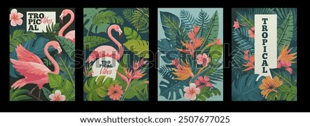 Watercolor summer flamingo. Tropical vibe. Palm leaves. Exotic flowers pattern. Abstract border. Pink birds. Natural brush greenery. Jungle foliage. Tourism banners set. Vector botanical backgrounds