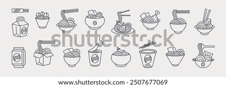 Noodle icons. Japanese food. Asian ramen. Chinese chopsticks. Pasta cooking. Soup dish pictogram. Instant spaghetti preparing symbol. Line wok box. Udon bowl. Japan dinner. Vector kitchen logo set