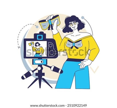 Content creation. Creative blogger. Woman making photo. Photography camera at tripod. Social media influencer recording video. Fashion blog. Vlog creator. Studio shoot. Live streaming. Vector concept