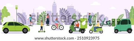 Mobile transport. Urban share bicycle. Electric bike. Eco city vehicles. Public transportation. People drive cars and scooters down town street. Ecological lifestyle. Vector driver service background