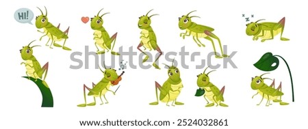 Cartoon insect. Green cricket character. Grasshopper cute sings. Animal smells or sleeps. Happy child bug jumps in grass. Fun and relax. Nature kid comic mascot. Play music. Vector tidy activities set