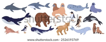 Antarctic wildlife. Blue whale. Snow winter animal. Ice sea fish. Ocean narwhal. Antarctica penguin. Arctic aquatic mammal. Alaska bear. Wild orca and seal. North Pole. Vector tidy polar creatures set