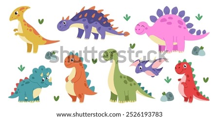 Dinosaur. Kids cartoon dino. Little monster cute character. Baby animal graphic, prehistoric Tyrannosaurus, Triceratops and Pterodactyl. Childish decorative stickers. Vector tidy isolated illustration