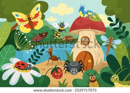 Kid background. Fantasy insects home. Cartoon natural scene. Happy ant bug. Spider on mushroom. Beetle and butterfly. Cute field landscape. Children education book. Vector nature tidy illustration