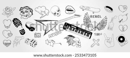 Y2k tattoo. Punk rock icon. Heart in fire flames. Gothic element. Grunge sticker. Guitar and synthesizer piano. Skull with wings. Scribble psychedelic. Doodle line symbols set. Vector emo illustration