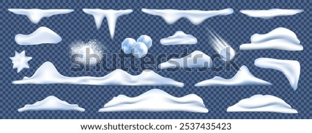 Snow set, snowball snowcap realistic isolated elements. Ground snowdrift, melt hill, icicle ice and snowflakes, frozen surface. Winter cloud powder landscape. White wavy glacier. Vector 3d caps set