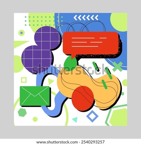 Abstract shapes. Colorful figures collage. Flat circles. Communication speech bubbles. Chat dialog. Bright triangles. Letter envelope. Memphis basic forms. Simple zigzag line. Vector geometric poster