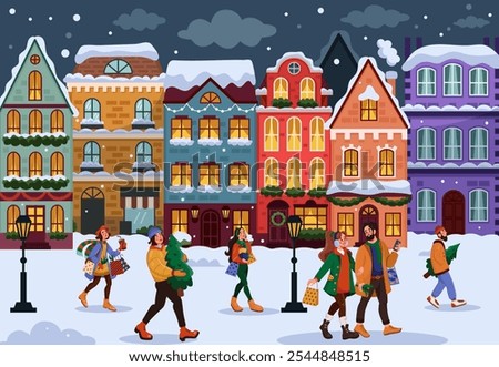 Christmas winter cityscape. Snowy street. Xmas fair. House with windows or store doors. City shop. Town square buildings. Happy people walking and carrying holiday gifts. Vector panoramic tidy facades