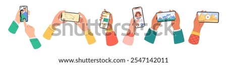 Phone in hand. People hold smartphones. Play video games, watch maps, take photos, selfies, search internet, use media apps, device screen. Cartoon flat style isolated illustration. Vector garish set