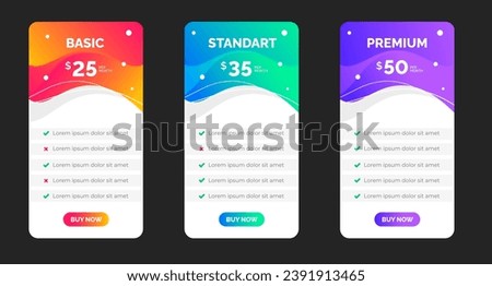 website Pricing chart table design template. Product Plan Offer Price Package Subscription Options Comparison Table Chart Infographic Design. UI UX app pricing chart table Subscription set design.