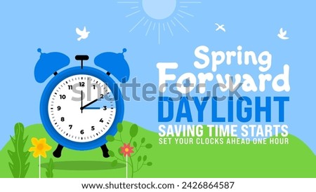 Spring Forward concept 2024 banner. Daylight Saving Time Starts background with cartoon doodle style with funny clock flower. schedule of changing clocks at march 10, 2024. Spring Forward clock banner