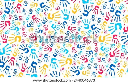 Autism Awareness Day concept colorful kids hand together seamless pattern background. child handprint shaped autism seamless pattern vector illustrator background for autism day template.