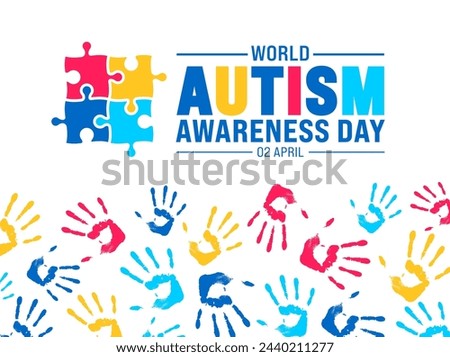 2 April world Autism Awareness Day colorful Puzzle banner design template. Autism Awareness Day colorful kids raising hand background design template.