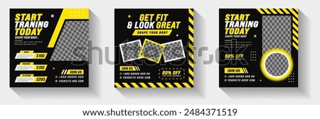 Fitness Gym, Sports or Workout exercise Stylish graphics social media post banner design template set with yellow and black color. gym and fitness square promotion banner set.