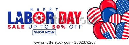 USA Happy Labor Day celebration sale promotion background or banner design template with American flag balloon. Labour day Safety hard hat and Construction tools background.