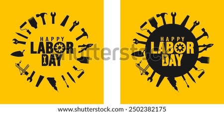 USA Happy Labor Day celebration construction tools and crane background or banner design template. Labour day Safety hard hat and Construction tools background.