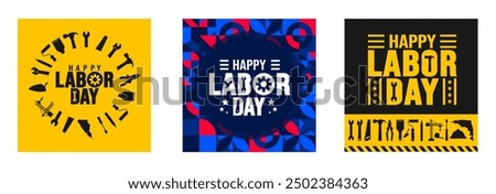 USA Happy Labor Day celebration construction tools social media post banner design template set. Labour day Safety hard hat and Construction tools and crane background or banner design.