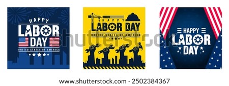 USA Happy Labor Day celebration construction tools social media post banner design template set. Labour day Safety hard hat and Construction tools and crane background or banner design.