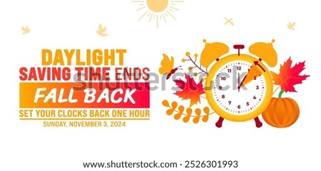 Fall Back daylight saving time ends 2024 background or banner design template. Fall Back Time 2024 is observed every year in November. Set Your Clock Back One Hour banner with clock.