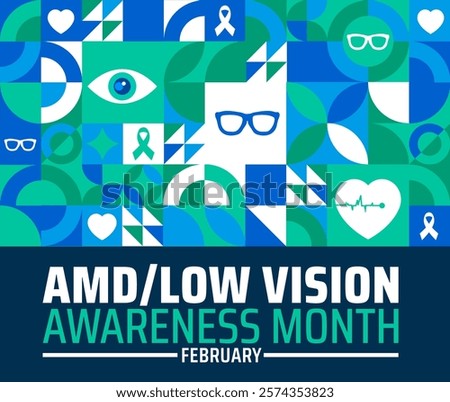 AMD Low Vision Awareness Month geometric shape pattern background banner or poster design template. observed every year in February. Holiday concept. Use to any Template, card, poster, placard.