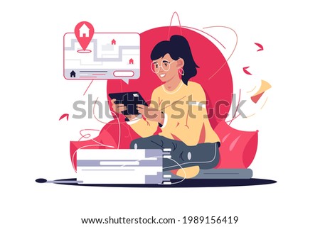 Girl finding house remotely on tablet vector illustration. Woman looking for apartment on internet flat style. Search property online, real estate searching concept. Isolated on white background