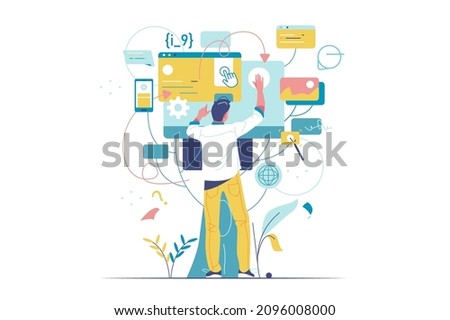 Man using website on tree screen interface vector illustration. Multiple tasks open flat style. Modern technology, development concept