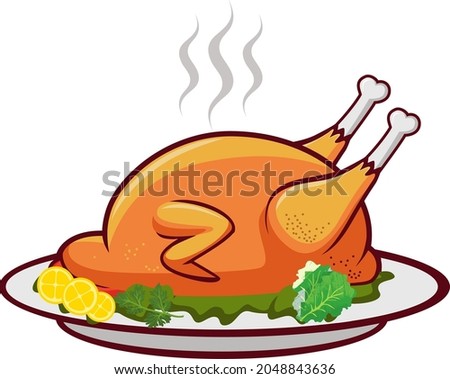 Hot and tasty roasted chicken meat on a plate with lemon and coriander. Vector of a chicken meat isolated on a white background. Vector of a whole chicken meat with its legs and wings. Chicken meat.