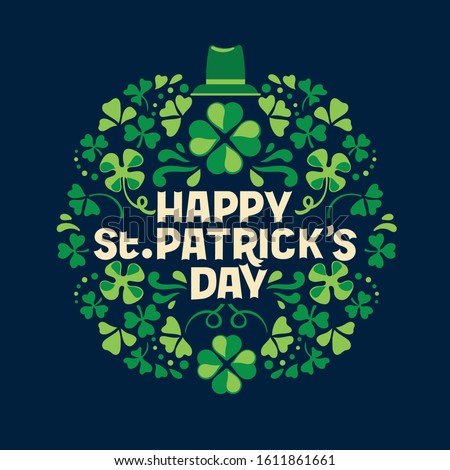 Hand lettering Saint Patrick's Day greetings card with clover shapes and branches vector Stockfoto © 
