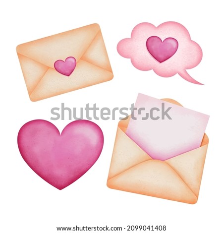 Happy Valentine Day symbols set. Opened envelope, romantic love letter. Holiday, wedding, engagement celebration watercolor vector illustration on white background