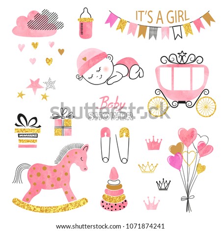 Baby Shower girl set. Collection of vector watercolor design elements.