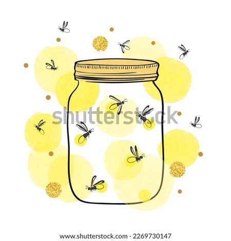Jar with cute fireflies. Hand drawn vector romantic illustration