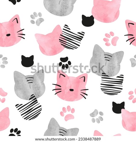 Cute cat faces pattern. Seamless watercolor vector illustration. Baby print