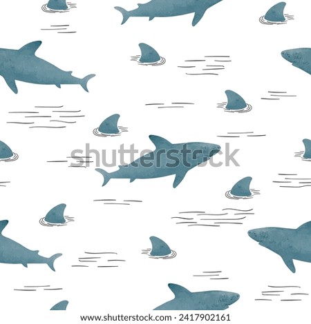 Seamless sharks and shark fins pattern. Vector sea background