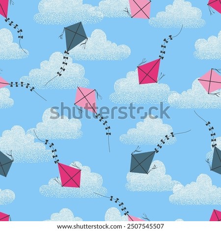 Flying kites seamless pattern. Childish summer print. Vector illustration