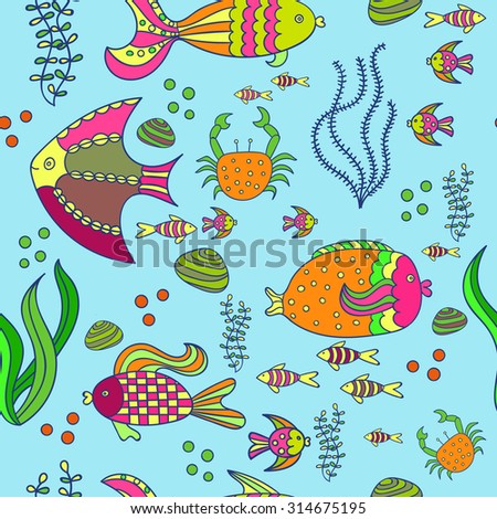 Underwater world in bright colors. Seamless background with sea fishes. Coral reef animals. Hand drawn vector illustration.