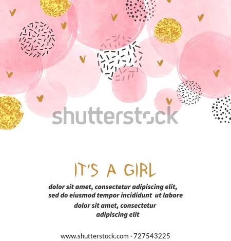 Baby Shower girl card design with abstract watercolor pink and glittering golden circles.